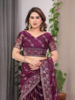 Plum Wine Fendi Satin Block & Foil Print Saree with Floral Motifs, Attached Blouse & Tassel Detailing - Image 3