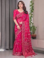 Rani Pink Fendi Satin Block & Foil Print Saree with Floral Motifs, Attached Blouse & Tassel Detailing - Image 6