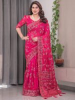 Rani Pink Fendi Satin Block & Foil Print Saree with Floral Motifs, Attached Blouse & Tassel Detailing - Image 8