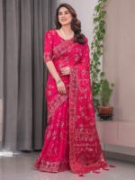 Rani Pink Fendi Satin Block & Foil Print Saree with Floral Motifs, Attached Blouse & Tassel Detailing - Image 10