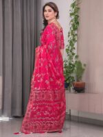 Rani Pink Fendi Satin Block & Foil Print Saree with Floral Motifs, Attached Blouse & Tassel Detailing - Image 4
