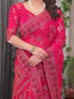 Rani Pink Fendi Satin Block & Foil Print Saree with Floral Motifs, Attached Blouse & Tassel Detailing - Image 2