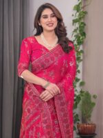 Rani Pink Fendi Satin Block & Foil Print Saree with Floral Motifs, Attached Blouse & Tassel Detailing - Image 7