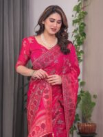 Rani Pink Fendi Satin Block & Foil Print Saree with Floral Motifs, Attached Blouse & Tassel Detailing - Image 11