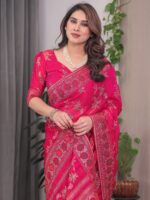 Rani Pink Fendi Satin Block & Foil Print Saree with Floral Motifs, Attached Blouse & Tassel Detailing - Image 9