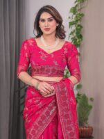 Rani Pink Fendi Satin Block & Foil Print Saree with Floral Motifs, Attached Blouse & Tassel Detailing - Image 3