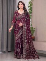 Wine Maroon Fendi Satin Block & Foil Print Saree with Floral Motifs, Attached Blouse & Tassel Pallu - Image 2