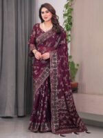 Wine Maroon Fendi Satin Block & Foil Print Saree with Floral Motifs, Attached Blouse & Tassel Pallu - Image 3