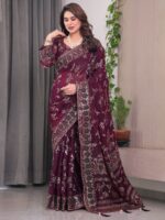Wine Maroon Fendi Satin Block & Foil Print Saree with Floral Motifs, Attached Blouse & Tassel Pallu - Image 4
