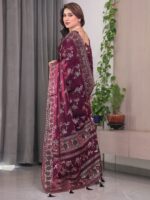 Wine Maroon Fendi Satin Block & Foil Print Saree with Floral Motifs, Attached Blouse & Tassel Pallu - Image 5
