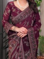 Wine Maroon Fendi Satin Block & Foil Print Saree with Floral Motifs, Attached Blouse & Tassel Pallu - Image 6