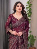 Wine Maroon Fendi Satin Block & Foil Print Saree with Floral Motifs, Attached Blouse & Tassel Pallu - Image 7