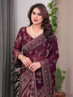 Wine Maroon Fendi Satin Block & Foil Print Saree with Floral Motifs, Attached Blouse & Tassel Pallu - Image 8