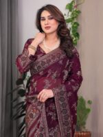 Wine Maroon Fendi Satin Block & Foil Print Saree with Floral Motifs, Attached Blouse & Tassel Pallu - Image 9