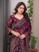 Wine Maroon Fendi Satin Block & Foil Print Saree with Floral Motifs, Attached Blouse & Tassel Pallu - Image 11