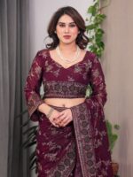Wine Maroon Fendi Satin Block & Foil Print Saree with Floral Motifs, Attached Blouse & Tassel Pallu - Image 10