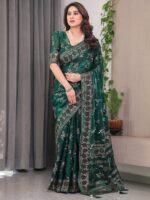 Bottle Green Fendi Satin Block & Foil Print Saree with Floral Motifs, Attached Blouse & Tassel Pallu - Image 6