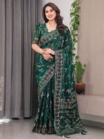 Bottle Green Fendi Satin Block & Foil Print Saree with Floral Motifs, Attached Blouse & Tassel Pallu - Image 8