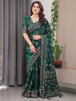 Bottle Green Fendi Satin Block & Foil Print Saree with Floral Motifs, Attached Blouse & Tassel Pallu - Image 10