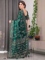 Bottle Green Fendi Satin Block & Foil Print Saree with Floral Motifs, Attached Blouse & Tassel Pallu - Image 3