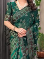 Bottle Green Fendi Satin Block & Foil Print Saree with Floral Motifs, Attached Blouse & Tassel Pallu - Image 2