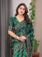 Bottle Green Fendi Satin Block & Foil Print Saree with Floral Motifs, Attached Blouse & Tassel Pallu - Image 7