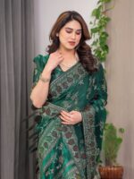 Bottle Green Fendi Satin Block & Foil Print Saree with Floral Motifs, Attached Blouse & Tassel Pallu - Image 5
