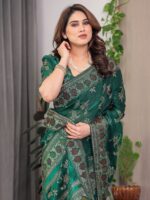 Bottle Green Fendi Satin Block & Foil Print Saree with Floral Motifs, Attached Blouse & Tassel Pallu - Image 9