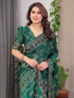 Bottle Green Fendi Satin Block & Foil Print Saree with Floral Motifs, Attached Blouse & Tassel Pallu - Image 11