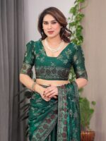 Bottle Green Fendi Satin Block & Foil Print Saree with Floral Motifs, Attached Blouse & Tassel Pallu - Image 4