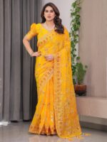 Mustard Yellow Fendi Satin Block & Foil Print Saree with Floral Motifs, Attached Blouse & Tassel Pallu - Image 5