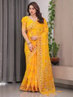 Mustard Yellow Fendi Satin Block & Foil Print Saree with Floral Motifs, Attached Blouse & Tassel Pallu - Image 7