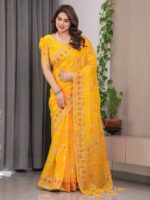 Mustard Yellow Fendi Satin Block & Foil Print Saree with Floral Motifs, Attached Blouse & Tassel Pallu - Image 9