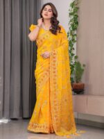 Mustard Yellow Fendi Satin Block & Foil Print Saree with Floral Motifs, Attached Blouse & Tassel Pallu - Image 11