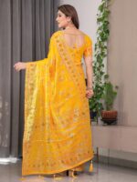Mustard Yellow Fendi Satin Block & Foil Print Saree with Floral Motifs, Attached Blouse & Tassel Pallu - Image 3