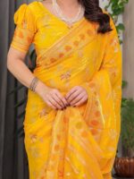 Mustard Yellow Fendi Satin Block & Foil Print Saree with Floral Motifs, Attached Blouse & Tassel Pallu - Image 2