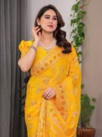 Mustard Yellow Fendi Satin Block & Foil Print Saree with Floral Motifs, Attached Blouse & Tassel Pallu - Image 4