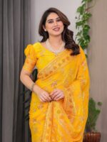 Mustard Yellow Fendi Satin Block & Foil Print Saree with Floral Motifs, Attached Blouse & Tassel Pallu - Image 8