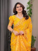 Mustard Yellow Fendi Satin Block & Foil Print Saree with Floral Motifs, Attached Blouse & Tassel Pallu - Image 10