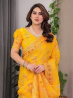 Mustard Yellow Fendi Satin Block & Foil Print Saree with Floral Motifs, Attached Blouse & Tassel Pallu - Image 6
