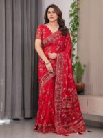 Classic Red Fendi Satin Block & Foil Print Saree with Floral Motifs, Attached Blouse & Tassel Pallu