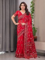 Classic Red Fendi Satin Block & Foil Print Saree with Floral Motifs, Attached Blouse & Tassel Pallu - Image 2