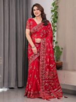 Classic Red Fendi Satin Block & Foil Print Saree with Floral Motifs, Attached Blouse & Tassel Pallu - Image 3