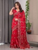 Classic Red Fendi Satin Block & Foil Print Saree with Floral Motifs, Attached Blouse & Tassel Pallu - Image 4