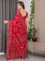 Classic Red Fendi Satin Block & Foil Print Saree with Floral Motifs, Attached Blouse & Tassel Pallu - Image 5