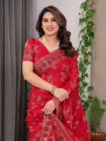 Classic Red Fendi Satin Block & Foil Print Saree with Floral Motifs, Attached Blouse & Tassel Pallu - Image 10
