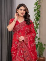 Classic Red Fendi Satin Block & Foil Print Saree with Floral Motifs, Attached Blouse & Tassel Pallu - Image 9