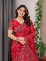 Classic Red Fendi Satin Block & Foil Print Saree with Floral Motifs, Attached Blouse & Tassel Pallu - Image 8