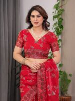Classic Red Fendi Satin Block & Foil Print Saree with Floral Motifs, Attached Blouse & Tassel Pallu - Image 7