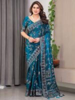 Elegant Teal Blue Fendi Satin Block & Foil Print Saree with Floral Motifs, Attached Blouse & Tassel Pallu